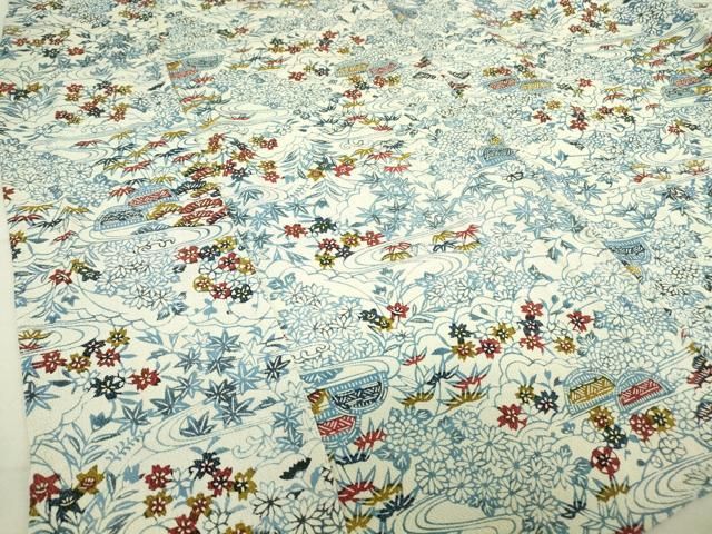 平和屋着物▽上質な小紋　単衣　流水花文　藍　型染め　鬼しぼ縮緬　正絹　逸品　DAAT9675az 平和屋着物▽上質な小紋 単衣 流水花文 藍 型染め 鬼しぼ縮緬 正絹