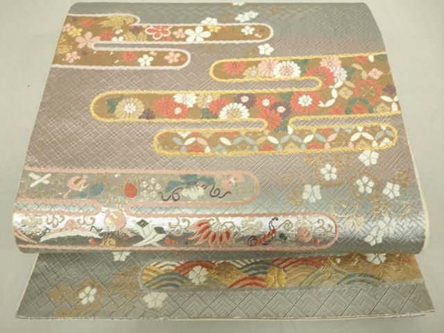 平和屋着物●六通柄袋帯　エ霞流水花鳥文　本金箔　正絹　逸品　BAAN4216ea 平和屋着物◎六通柄袋帯 エ霞吉祥花文 金銀糸 引箔 正絹 逸品