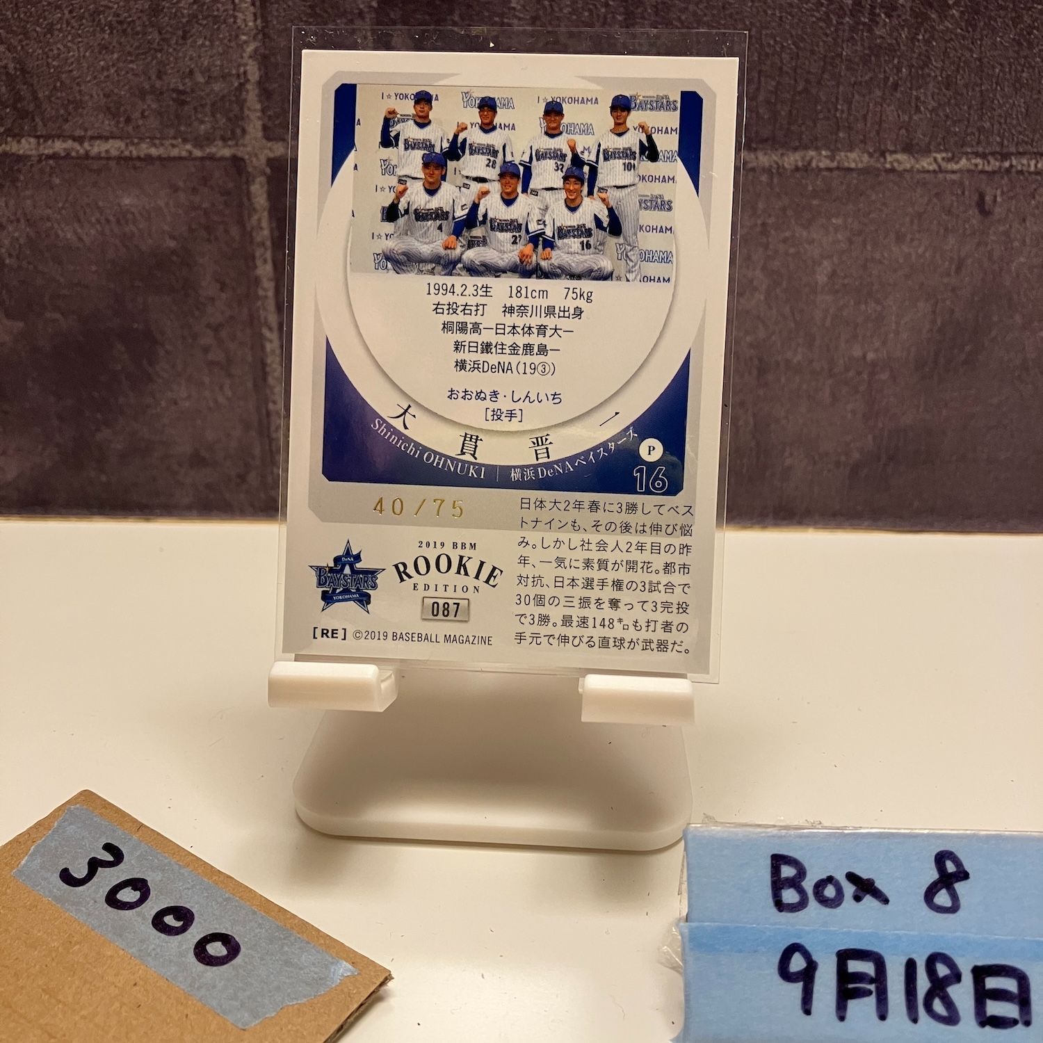 2019 BBM 大貫晋一 40/75 サイン 横浜DeNAベイスターズ RC
