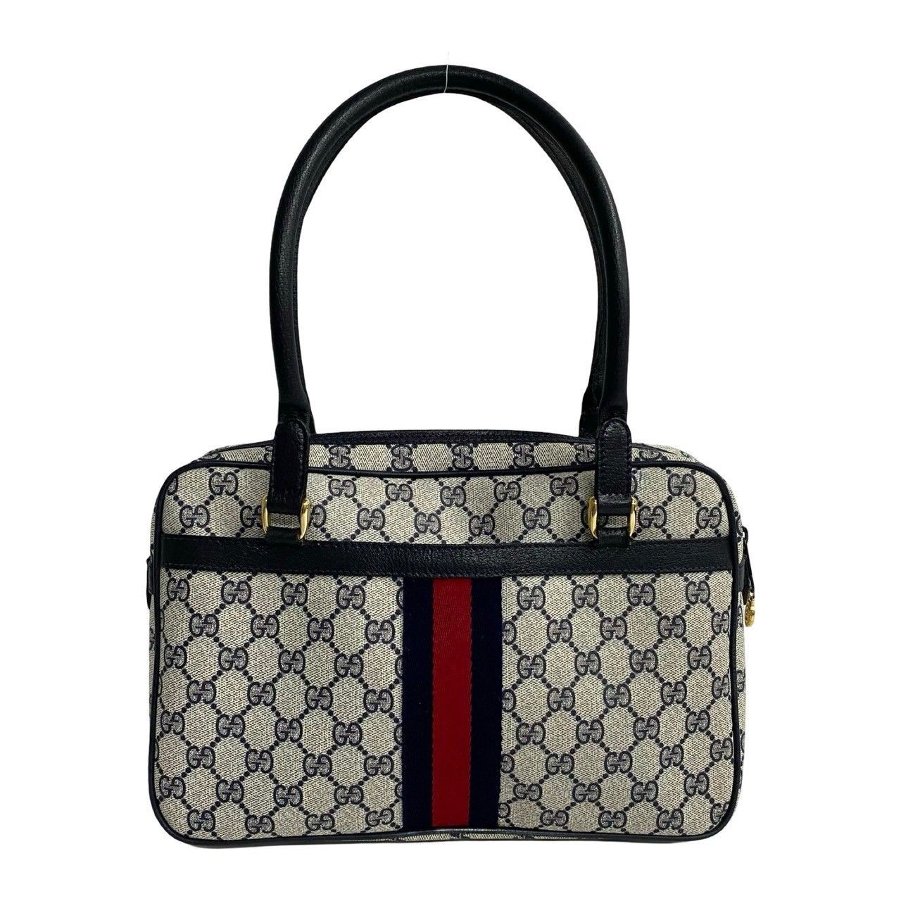 極 美品 GUCCI グッチ オールドグッチ ヴィンテージ シェリーライン GG ロゴ 金具 レザー ハンドバッグ ミニ ボストンバッグ 紺 22401