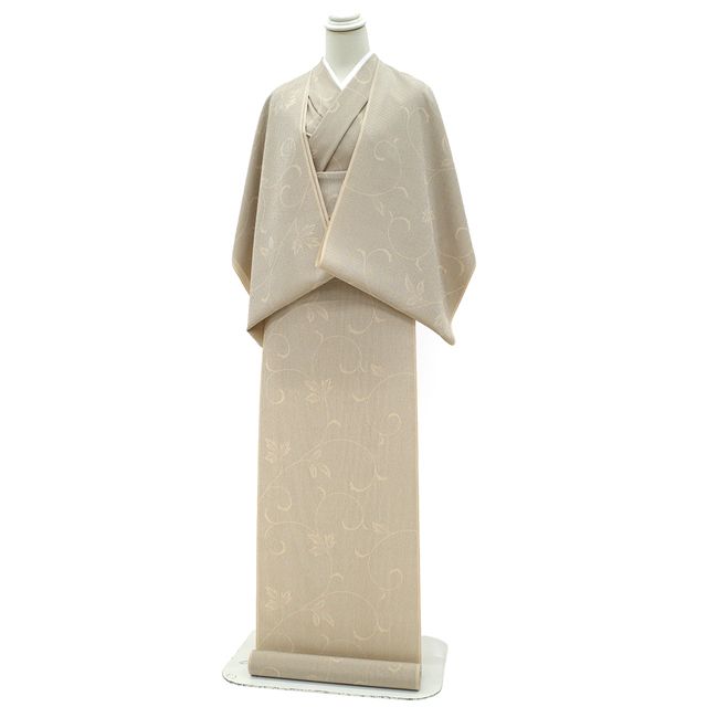 本しぼ絣 着物 反物 正絹 着尺 十日町 伝統工芸士 白川貞夫 白新染織 柿渋染 ベージュ 縞 唐草 カジュアル 未仕立て みやがわ sb16473