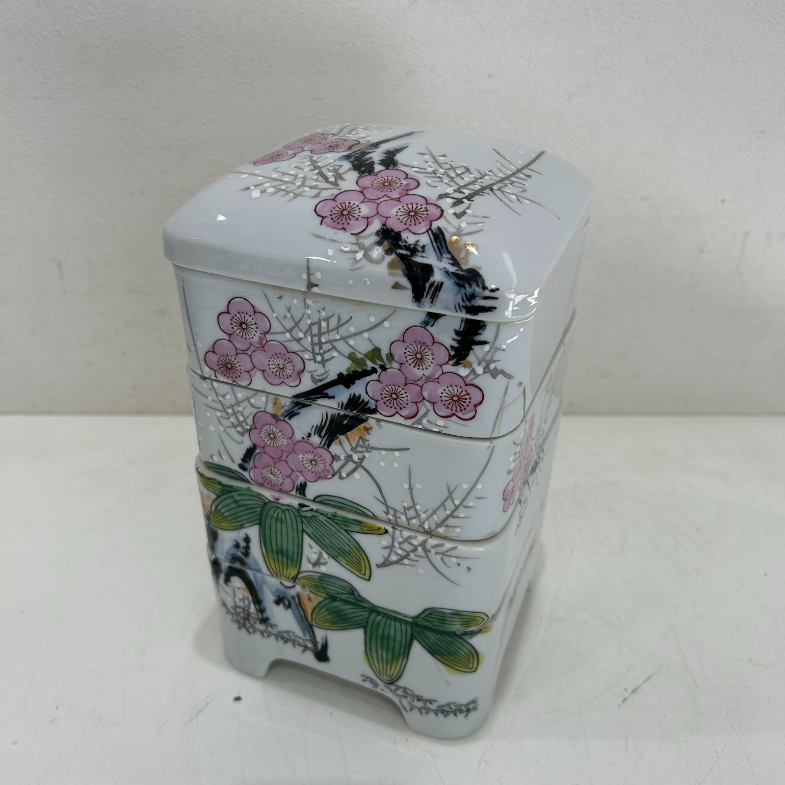 NC1806 昭和レトロ 四段陶器重箱 陶器製 重箱 4段 松竹梅 竹山作