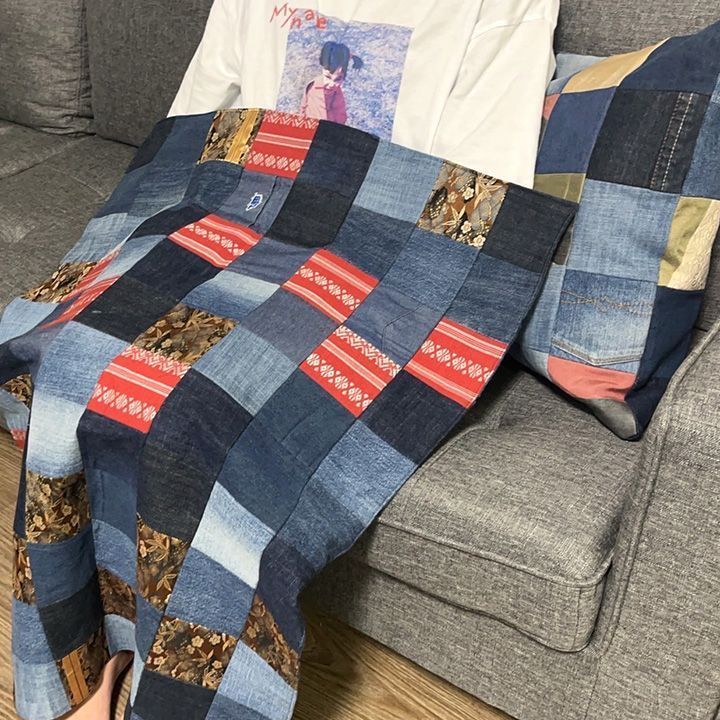 デニムブランケット ひざ掛け パッチワーク ハンドメイド - メルカリ