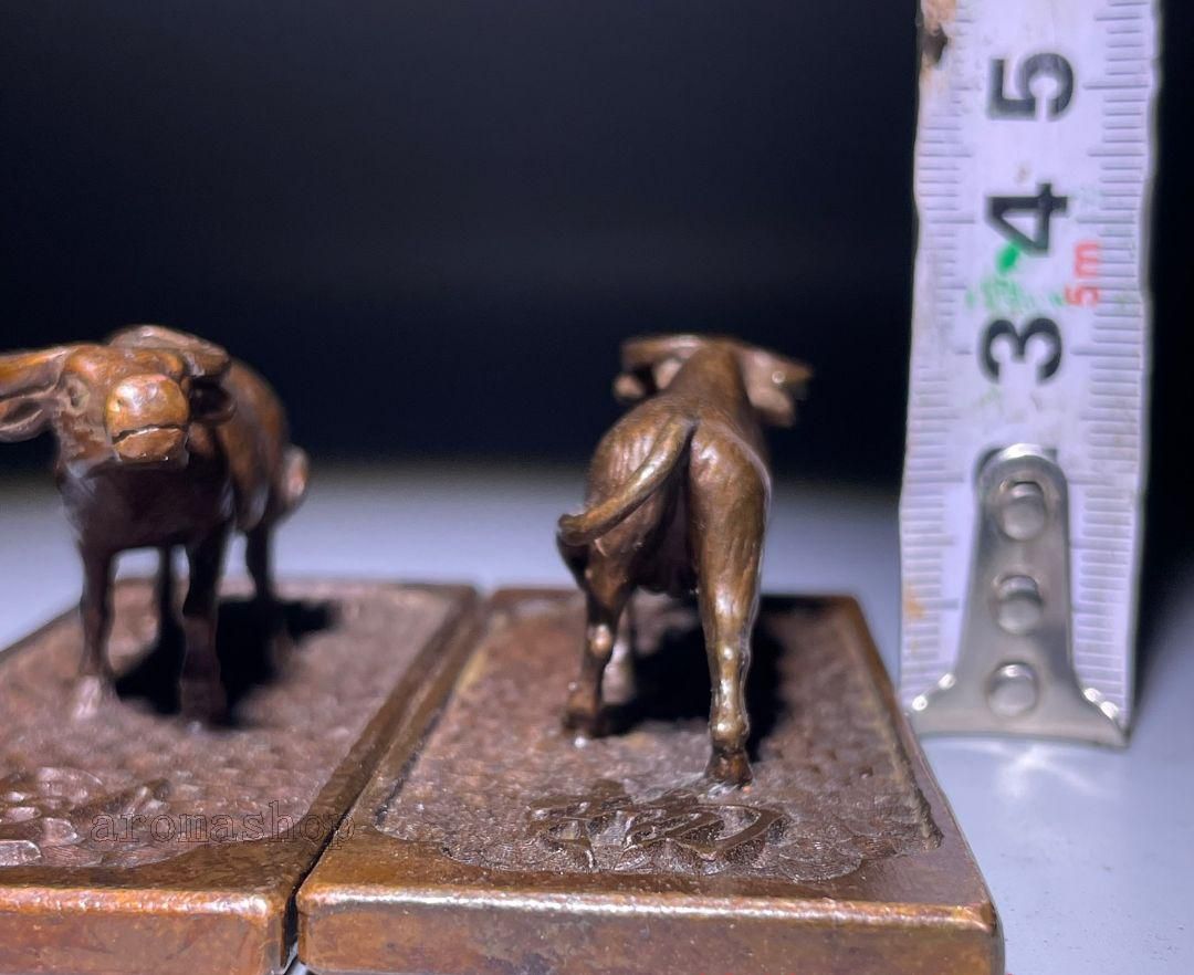 銅製 双牛鎮尺 干支牛 厚徳載物 文房文鎮 書道具 装飾品 工芸品