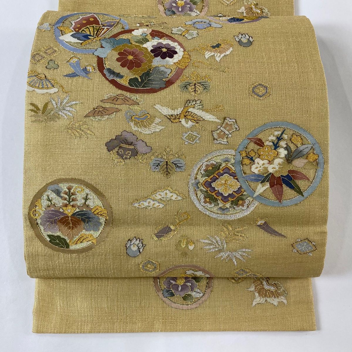 袋帯 美品 逸品 夏帯 菊 宝尽くし 金銀糸 綴れ 金色 お太鼓柄