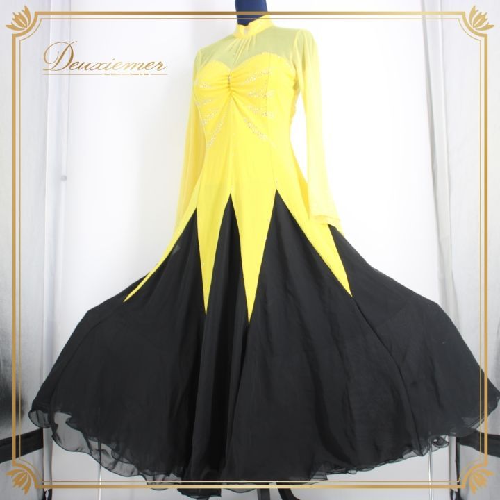 社交ダンス 衣装 スタンダード ドレス ワンピース パーティ衣装 女性用 レディース オールシーズン 黒 黄色 ラインストーン 夢館 Dream Kan ブラック系 イエロー系 バイカラー 美しい 広がり ステージ映え 大人かわいい 二重仕立て 夢館 ブランド