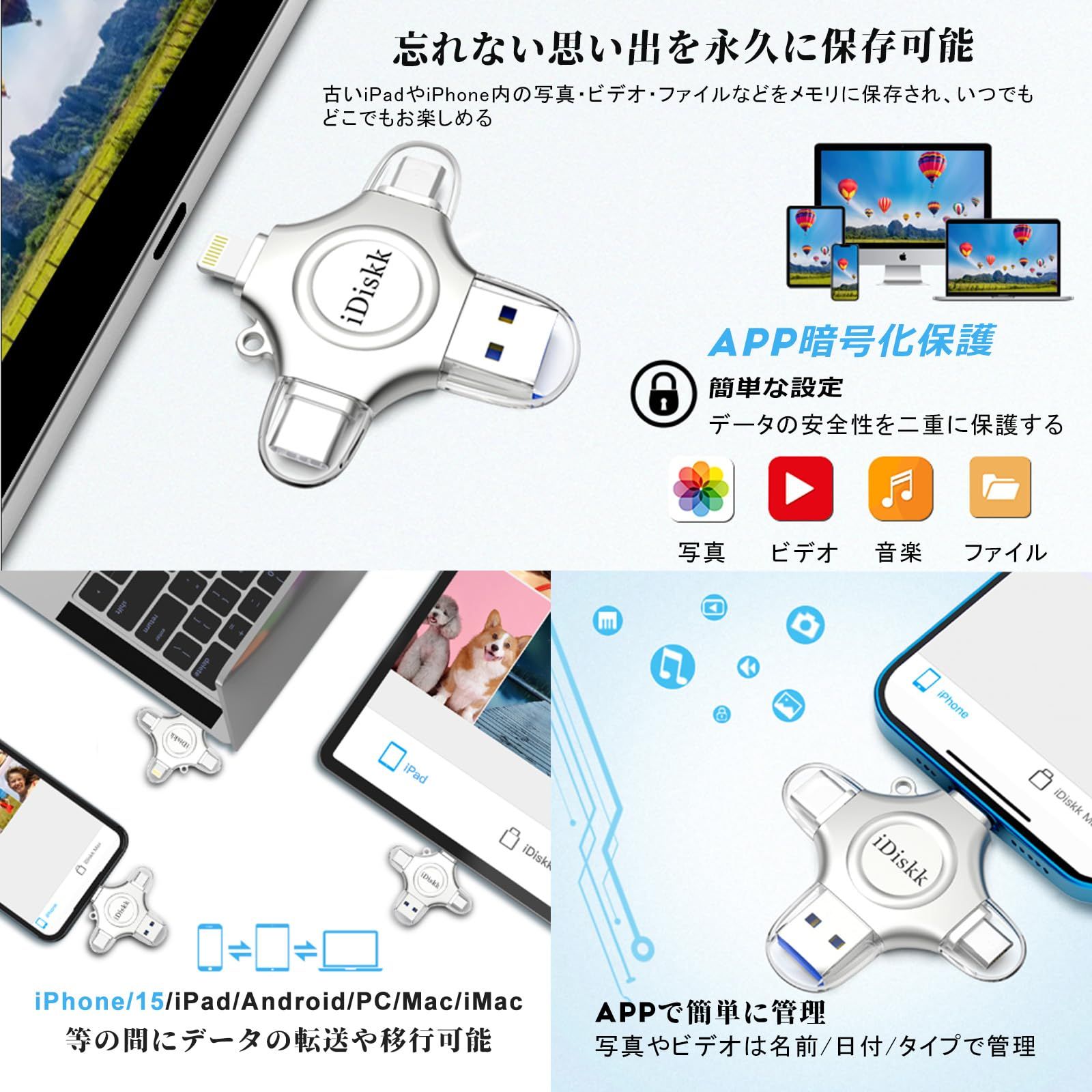 APPLE mfi認証済み iPhone16|15対応 256GB iPhone usbメモ Lightning USB Type-C Microコネクタ搭載 外付けフラッシュドライブ 外部ストレージ 携帯のメモリ―拡張 アイフォンデータ保存 プラグ-