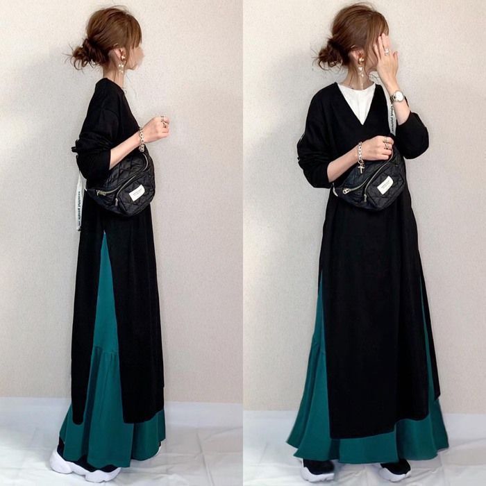 ワンピース セットアップ レディース 春 秋 長袖 ロング ワンピース スカート セットアップ マキシ丈 ワンピ ロング ワンピース Vネック 秋 冬 通勤着 秋服 ゆったり 体型カバー 2点セット