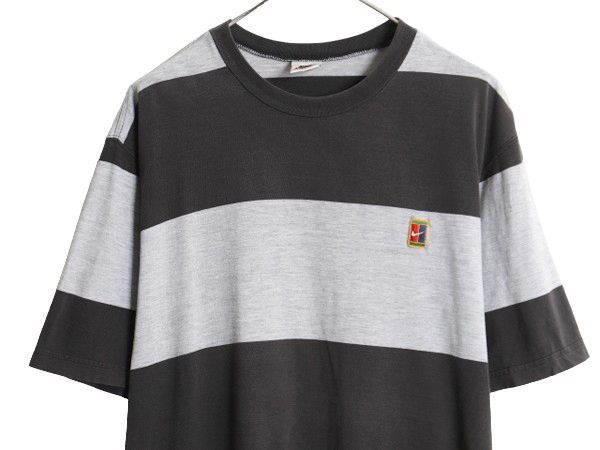 お得なクーポン配布中!】 90s ナイキ テニス ボーダー 半袖 Tシャツ メンズ L 90年代 オールド NIKE ロゴ スモール スウッシュ  カットソー 2トーン ブラック グレー - メルカリ