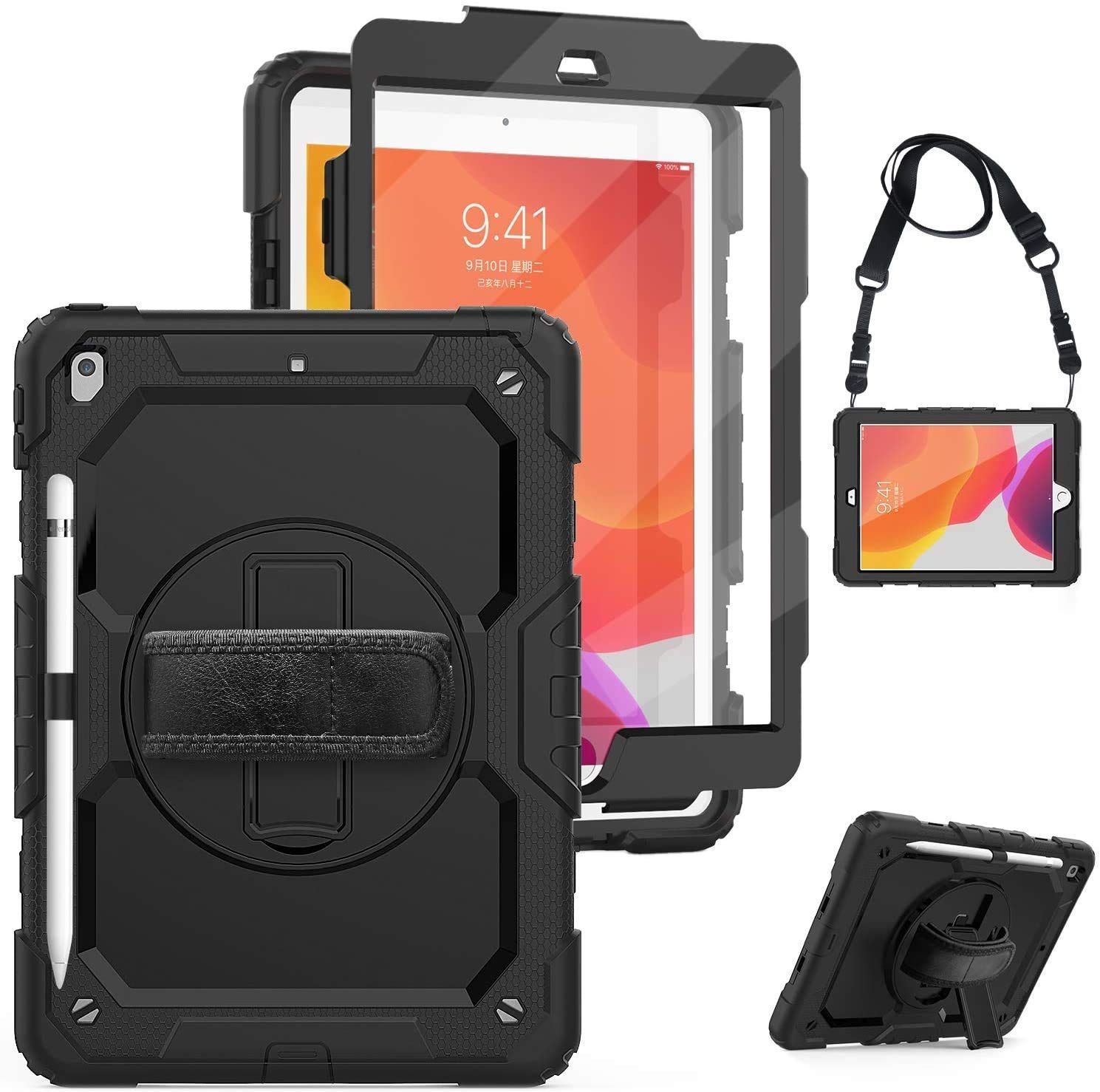 ペン収納 頑丈 ハンドストラップ付き 丈夫 肩紐 360度回転の折り畳スタンド ゴツイ 保護シール内蔵 2021 2019 2020 耐衝撃 ケース 操作簡単 第9世代 7世代 第8世代 iPad 10 2 ブラ