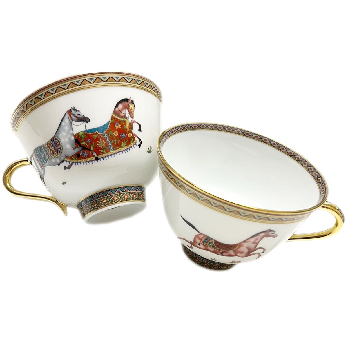 エルメス 食器 ペア HERMES 009883P CHEVAL DORIENT シュヴァルドリアン シュバルドリアン ティーカップ＆ソーサー セット No.3 TASSE A THE ET SOUCOUPE 2客セット 馬柄＋マルチ