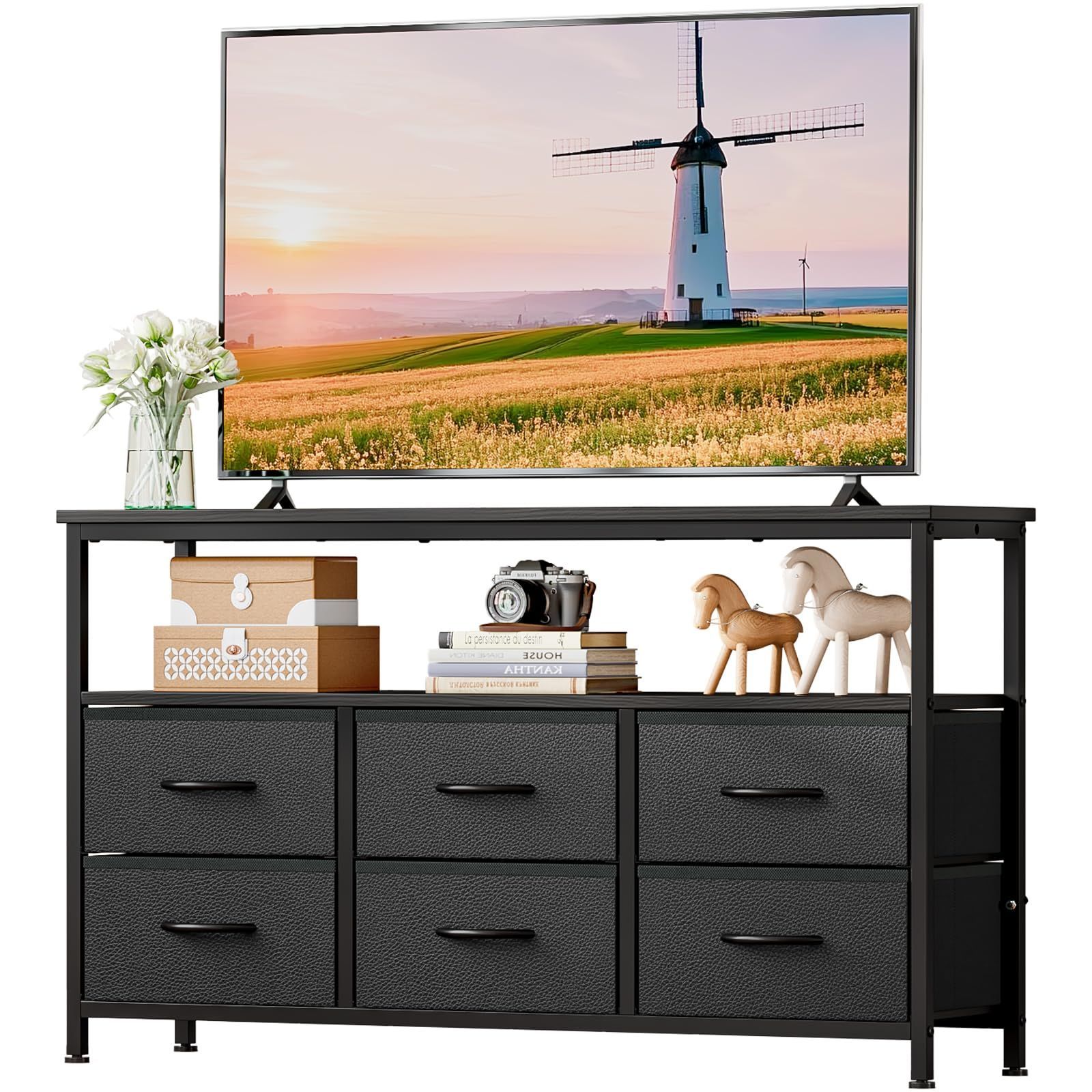 120×30×68cm 32 55インチテレビ対応 ブラック 6引き出し付き収納キャビネット 木製 大容量収納 テレビボード 耐磨 ローボード 高耐荷重 省スペース tv台 おしゃれ テレビ台 ブラック