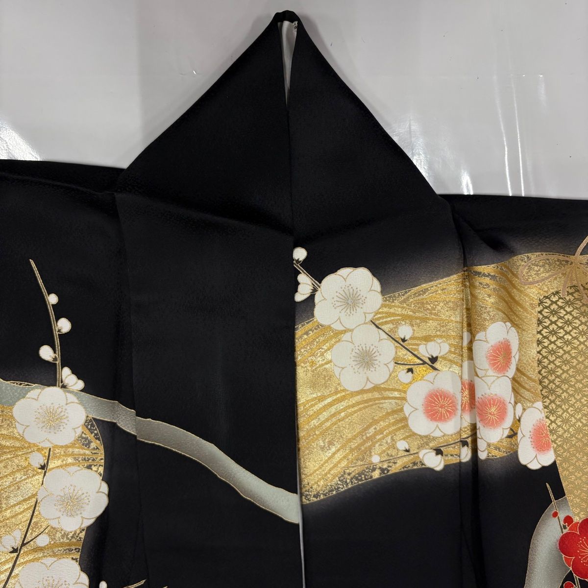 振袖 身丈163cm 裄丈67.5cm L 袷 枝梅 短冊 金糸 金彩 黒 正絹