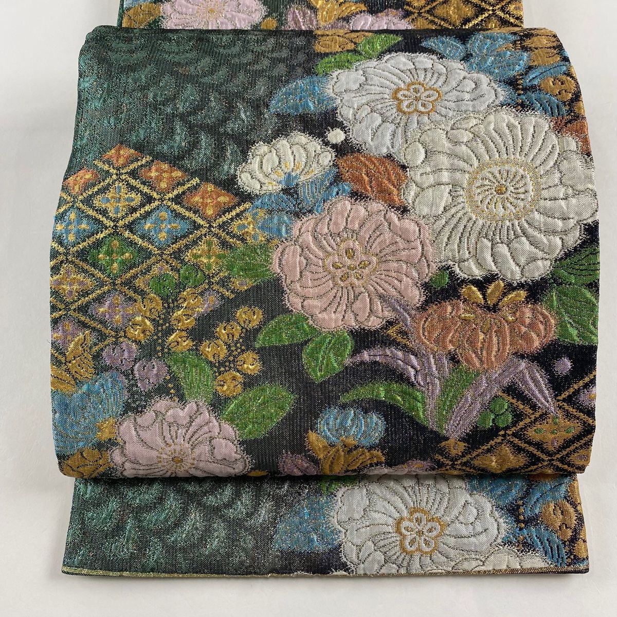 袋帯 秀品 草花 菱 金糸 箔 深緑 六通 正絹