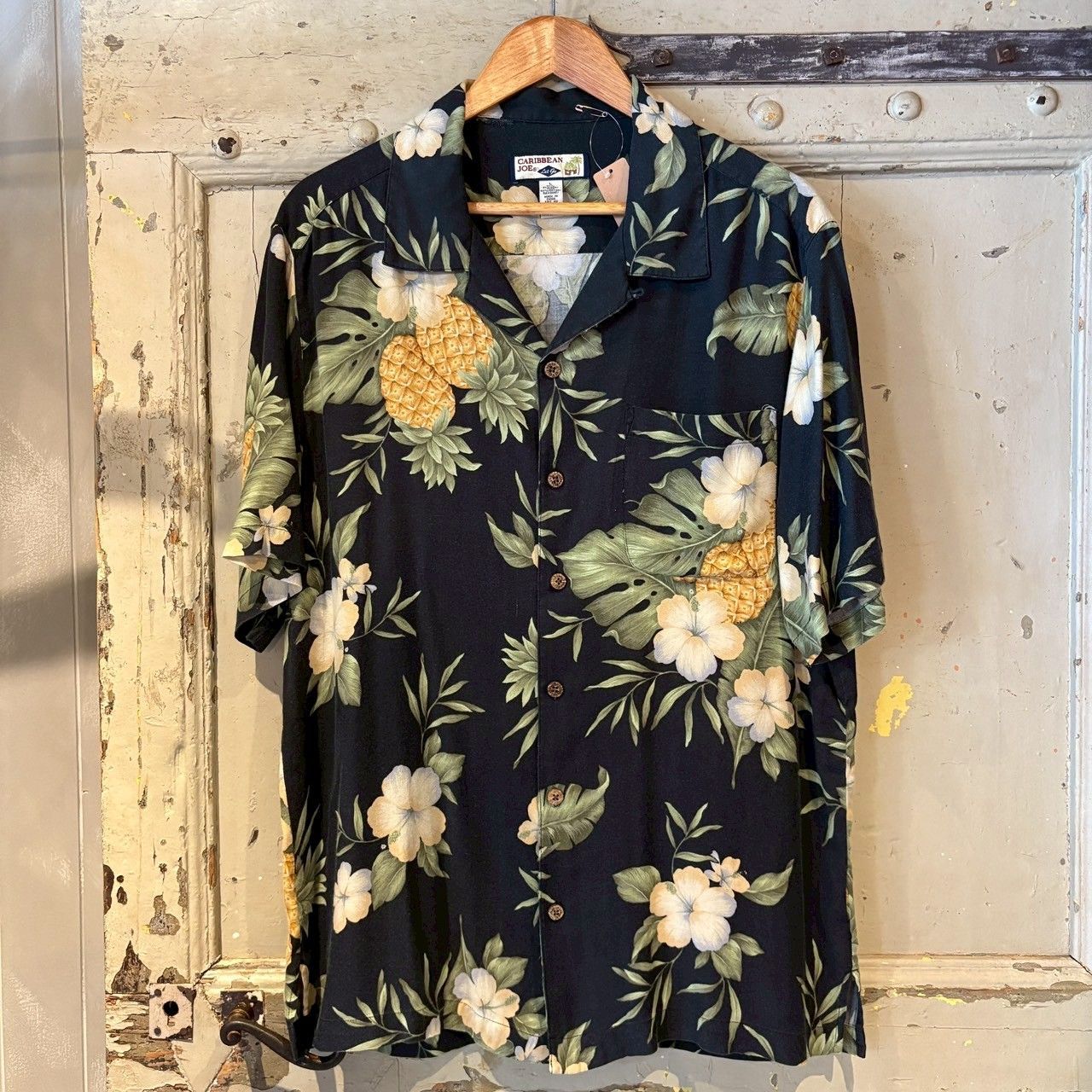 2467 カリビアンジョー　半袖　シャツ　ゆるだぼ　レーヨン　黒　アロハ　XL CARIBBEAN JOEA アロハシャツ ココナッツボタン シルク レーヨン