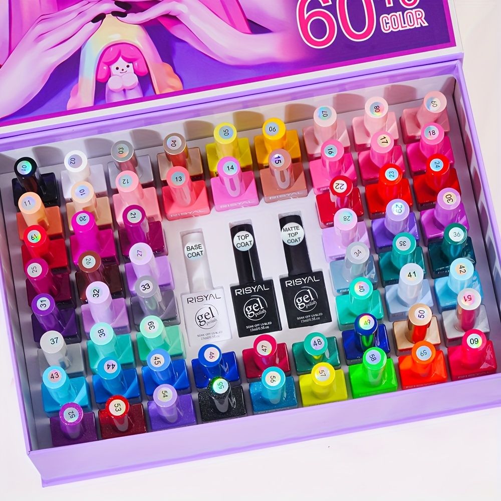 RISYAL 65点ネイルアートセット (60色ジェル + 1ベースジェル + 1トップコート + 1マットトップコート + 2ネイルファイル) 15ml*63本、低臭、長持ちマニキュアギフトセット ホームサロン用