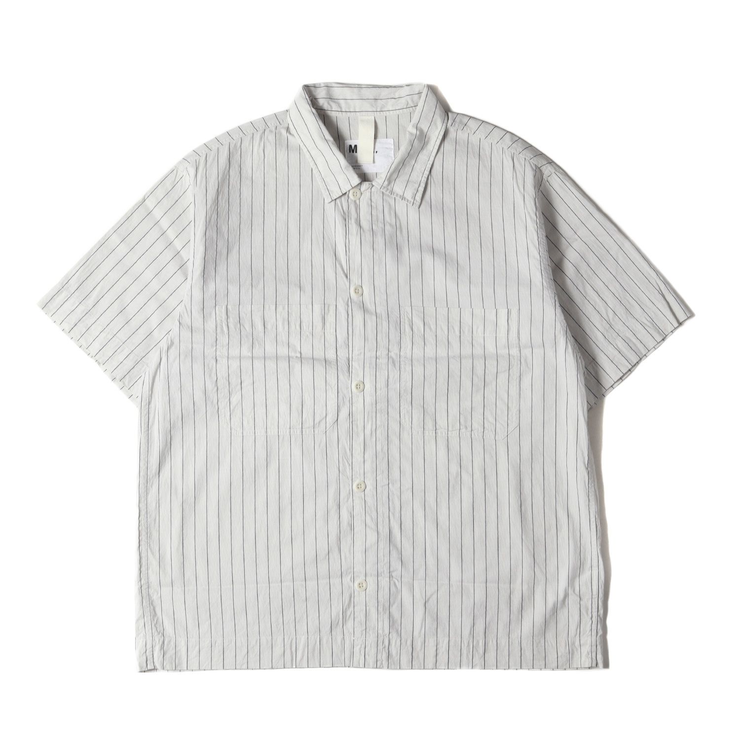 MARGARET HOWELL マーガレットハウエル シャツ サイズ:XL 23SS ラミーストライプ コットン リネン 半袖シャツ COTTON RAMIE STRIPE MHL. ホワイト ライトグレー ブラック トップス カジュアルシャツ【メン