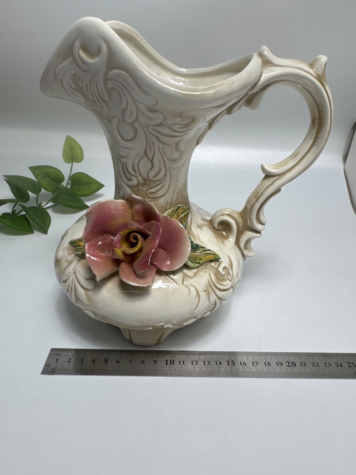 イタリア製 カポディモンテ ピッチャー 花瓶 陶花 薔薇 フラワーベース