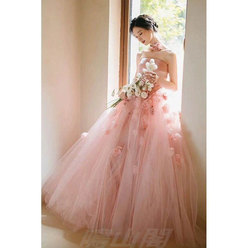 ウェディングドレス レディース ロマンチック 2025夏 ピンク ストラップレス プリンセス 披露宴ドレス お色直し フォーマルドレス