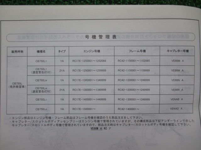 CB750L パーツリスト 4版 ホンダ 正規 中古 RC42 RC17E 免許教習車