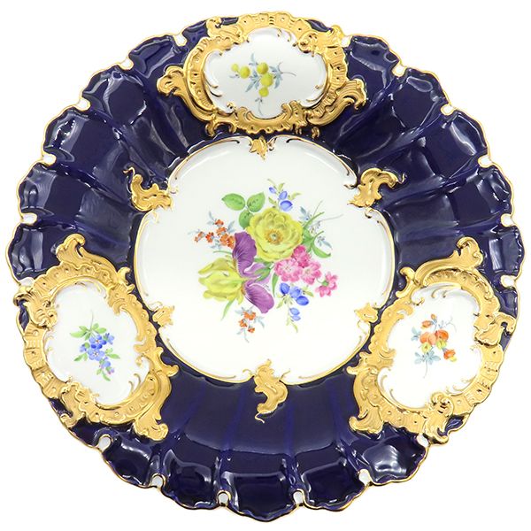 マイセン MEISSEN 食器 Bフォーム フラワーブーケ 大皿 陶磁器 グランツゴールド×コバルト 紺 花 ケース