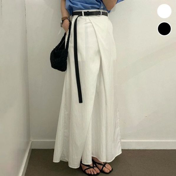 ハイウエスト フロントタッグ ロングスカート プリーツ風 Aライン 無地 シンプル マキシ 女子会 春夏 おすすめ レディース オシャレ トレンド 人気 韓