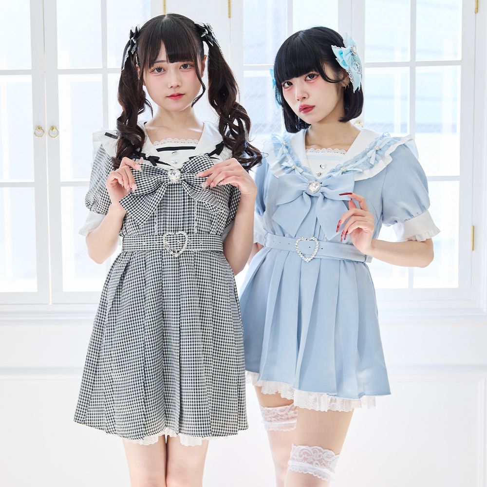 【最終値下げ】 夢展望 セーラービジュレースフリルワンピース ネイビーチェック 夢展望公式 [新品未使用] セーラービジューレースフリルワンピ