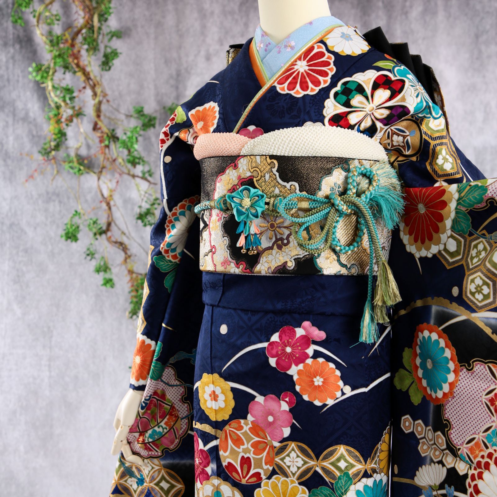 振袖フルセット 振袖セット 振袖 Lサイズ 紺×レトロ 美品 成人式