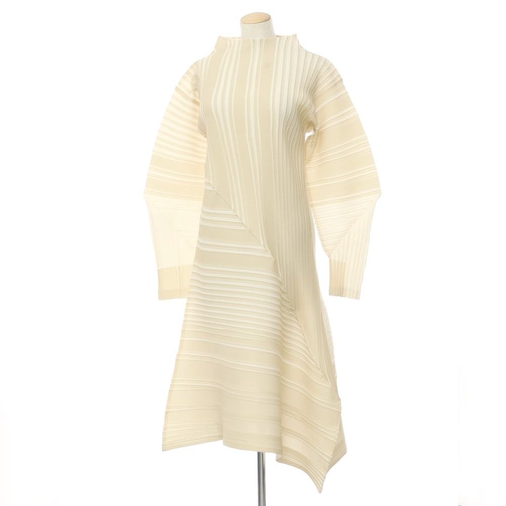 イッセイミヤケ ISSEY MIYAKE 2025年秋冬 プリーツ加工 ワンピース ベージュxオフホワイト サイズ表記なし Ｌ位 レディース