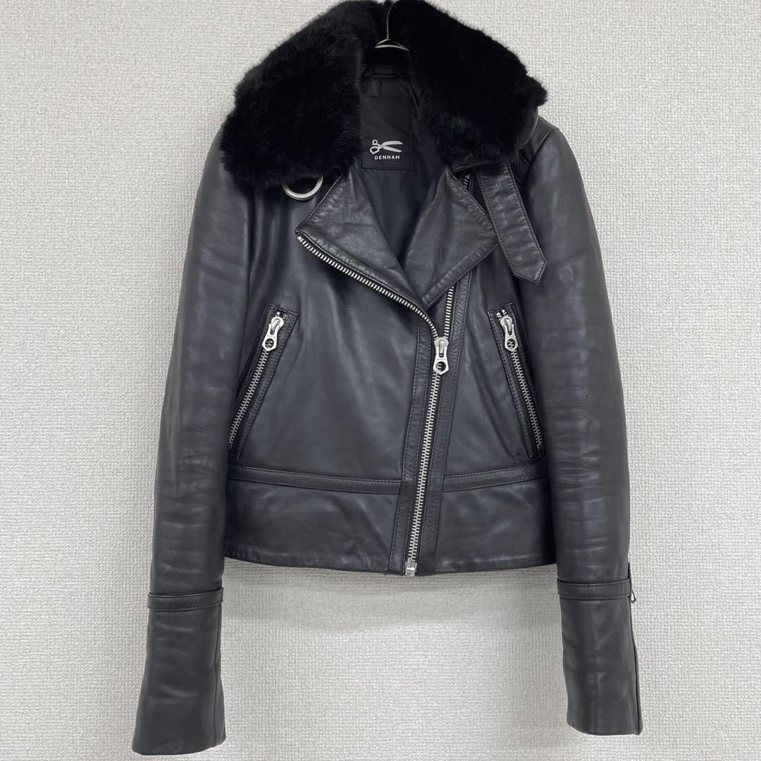 デンハム　レザージャケット　ダブルライダース　牛革　ファー　黒　ブラック　XS デンハム レザージャケット ダブルライダース 牛革 ファー 黒 ブラック