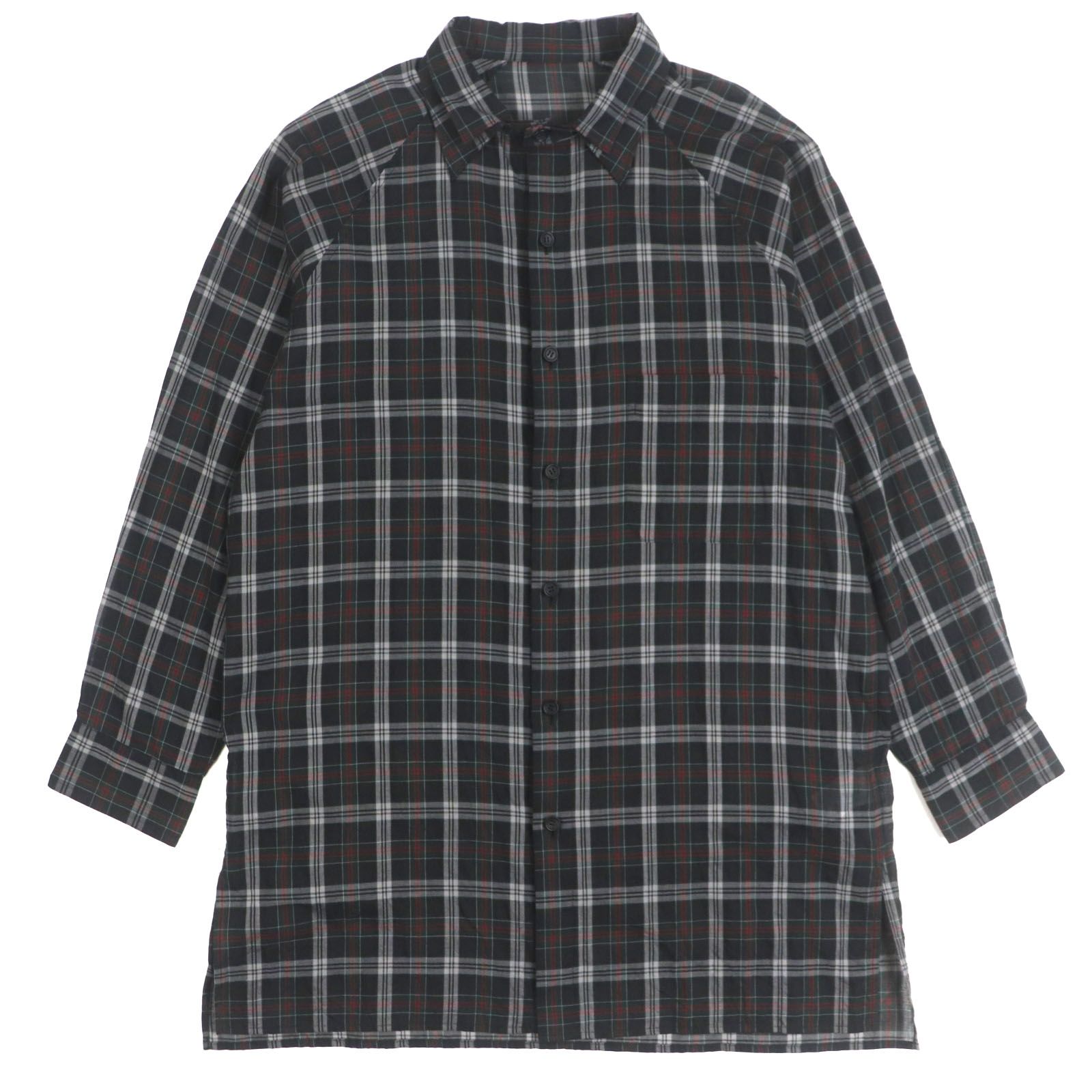 Yohji Yamamoto ヨウジヤマモト 24SS HS-B17-013 コットン 2WAY ダブルカラー ラグランスリーブ チェック柄 長袖シャツ ブラック 2 日本製 正規品 メンズ
