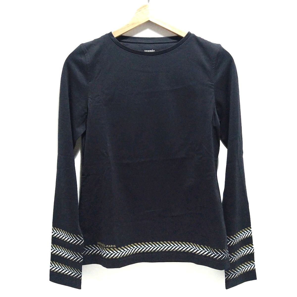 HERMES エルメス 長袖Tシャツ サイズ36 S レディース - 5E4633DA 黒×カーキ×マルチ クルーネック