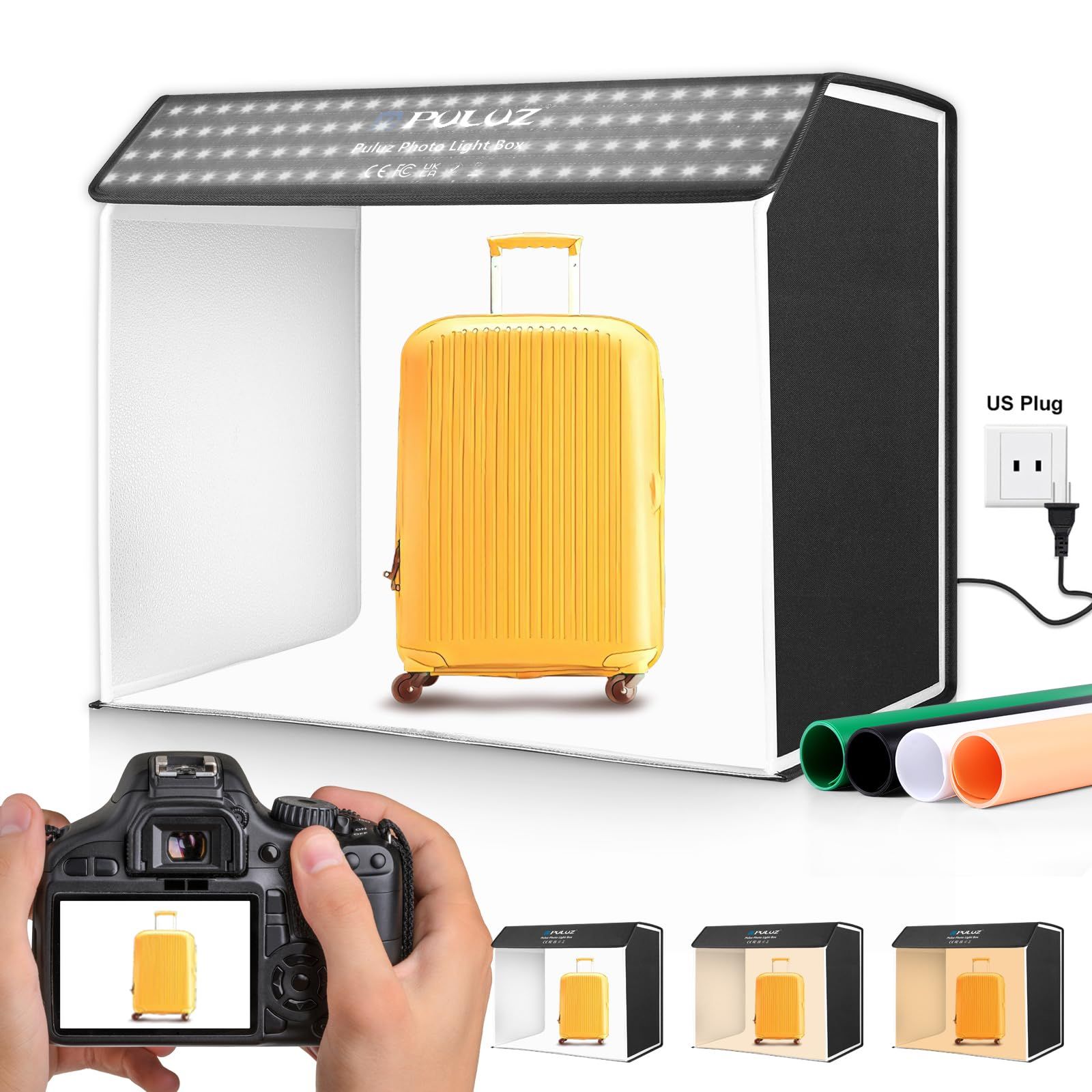 長方形撮影ボックス PULUZ 60 x 40 x 50cm写真スタジオのテントのキット4 色の背景布CRI 95専門照明336pcs 白いビード 336pcs 暖かい白いビード 3000-6500K 3色温度無段階調光 大きい撮影箱商品撮影の小