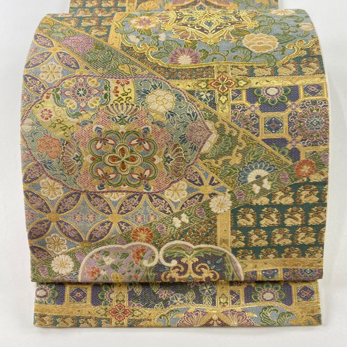 袋帯 美品 秀品 華文 七宝 金糸 箔 薄茶色 六通 正絹 【中古