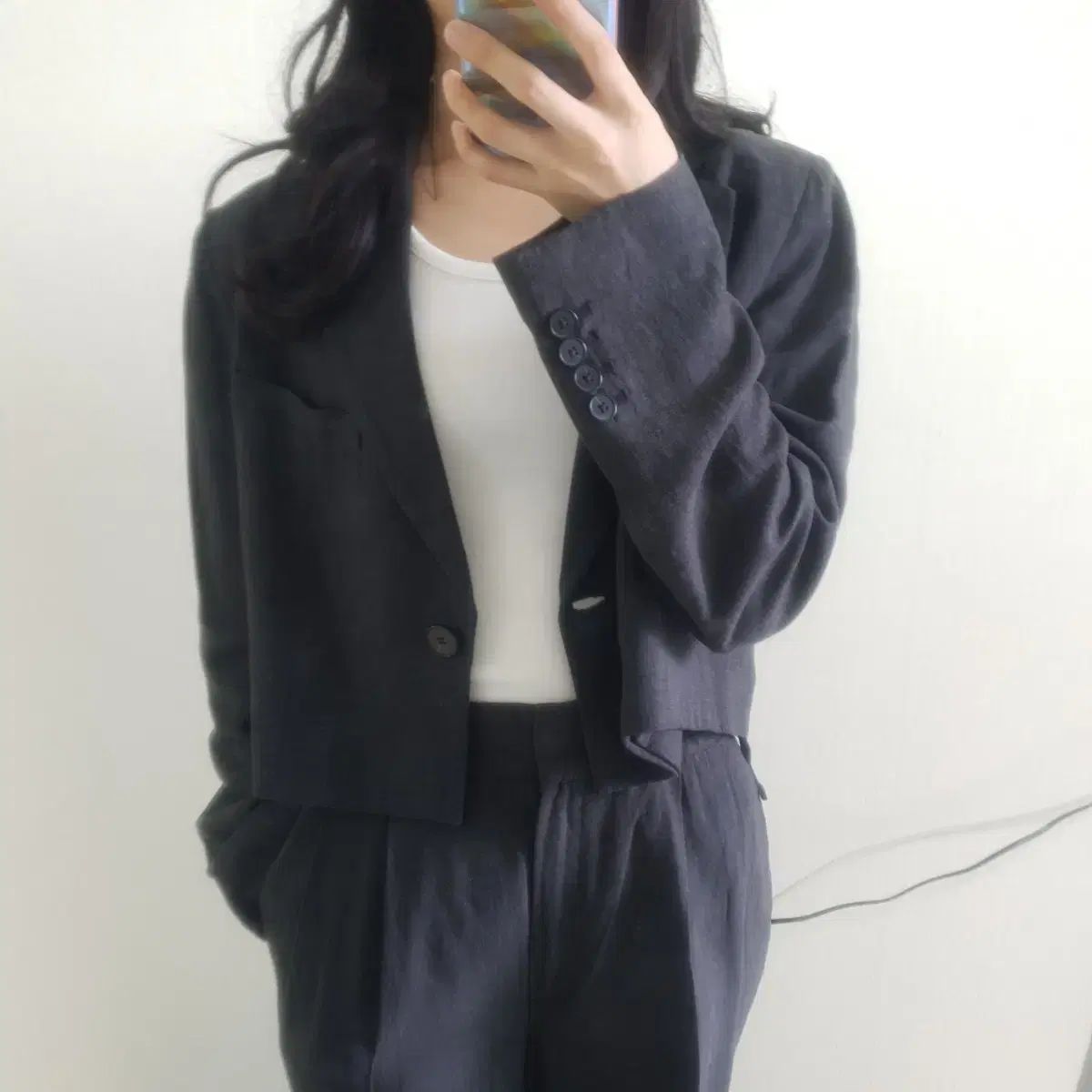 着用画像 8seconds エイトセカンズ アッシュ リネン ショートジャケット ツータック スラックス セットアップ セット xs