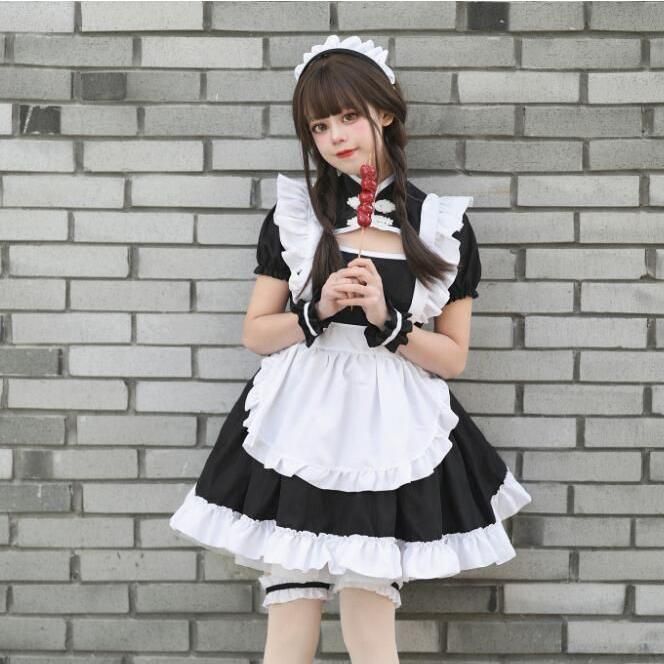 メイド服 メイドコス ロリータ メイド服 半袖 膝丈 ショート丈 ワンピース ロリータ服 チャイナカラー 穴開け 中華風 エプロンウェイトレス ハロウィン コスプレ