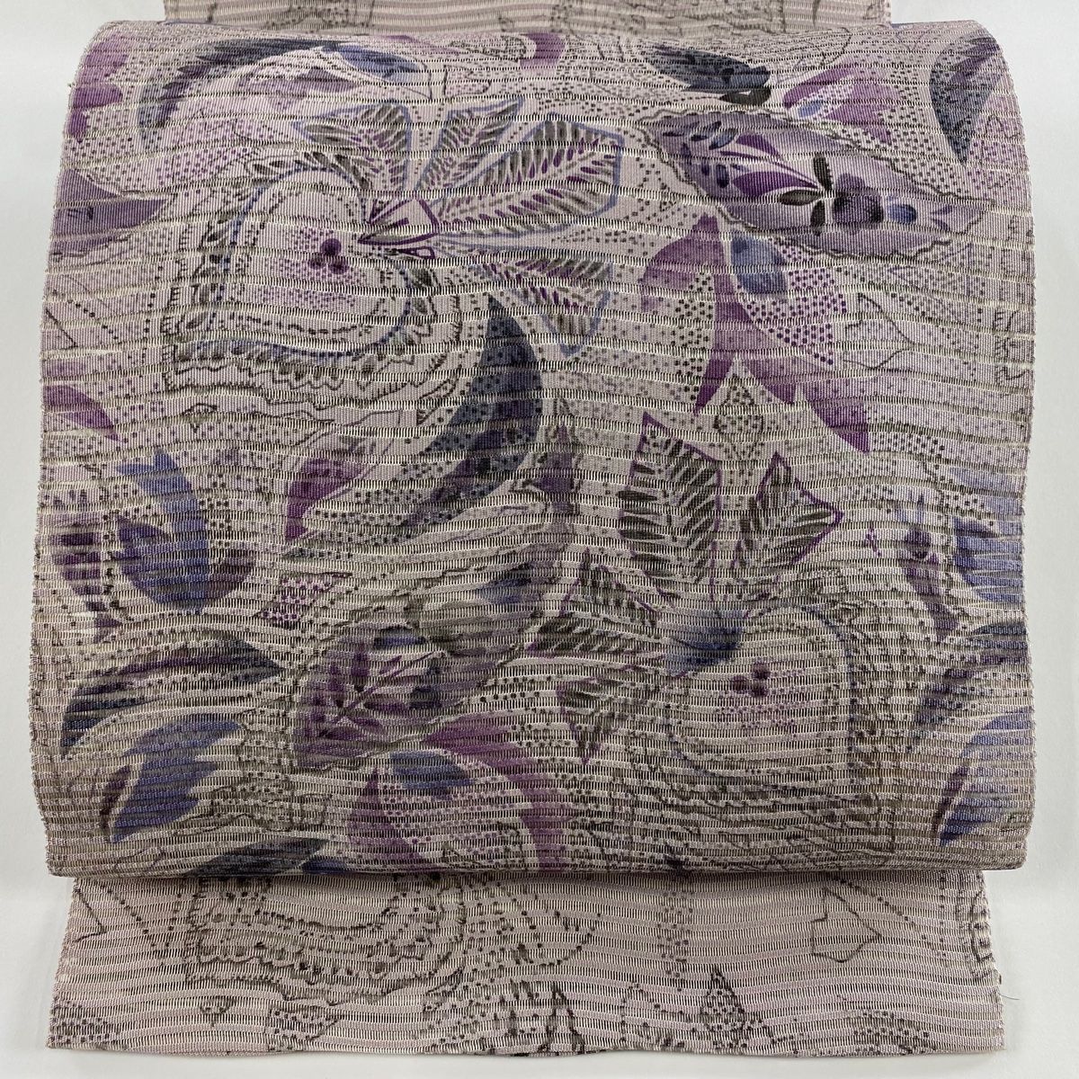 名古屋帯 秀品 夏帯 絽 八寸名古屋帯 草花 灰紫 正絹