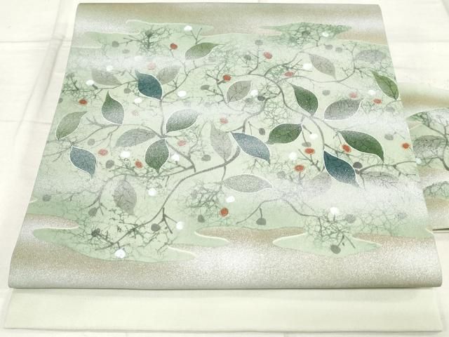 平和屋着物◎塩瀬 九寸名古屋帯 作家物 利香 手描き 枝葉文 正絹