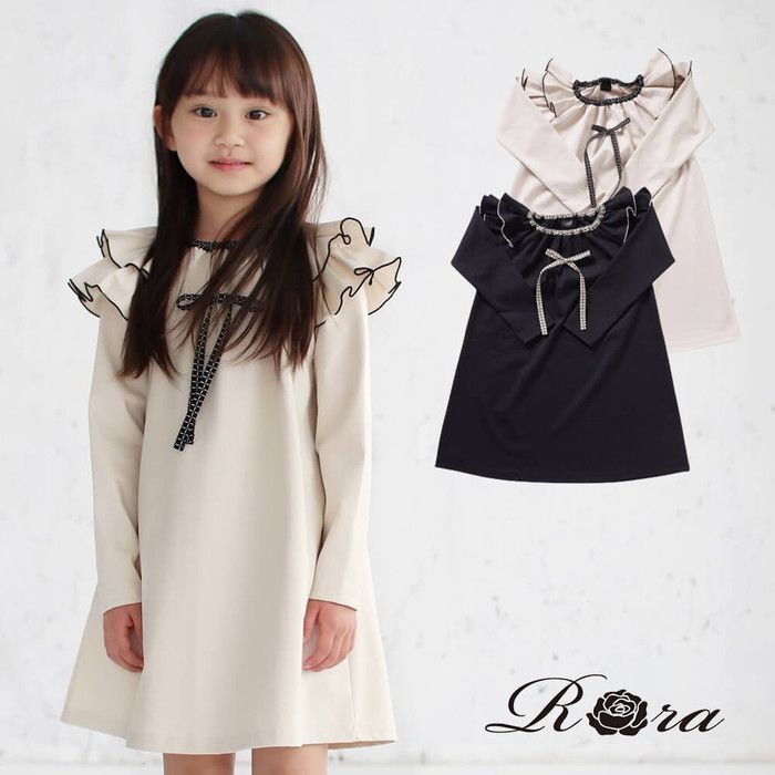140cm  アデルワンピース(2color) キッズ ワンピース 女の子 長袖 キッズワンピース 42122102 長袖ワンピース 冬 秋冬 フリル リボン Aライン レトロワンピース レトロ モダン 大人っぽい おしゃれ 