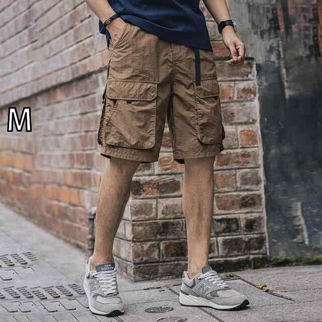 M メンズ ファッション 服 男性用 オシャレ シンプル 大人 かっこいい 大きいサイズ ストリート 紳士服 アメリカン レトロ フロント 機能的 大きい ポケット カーゴ ショーツ 夏 薄手 アミ カーキ カジュアル 五分丈 パンツ