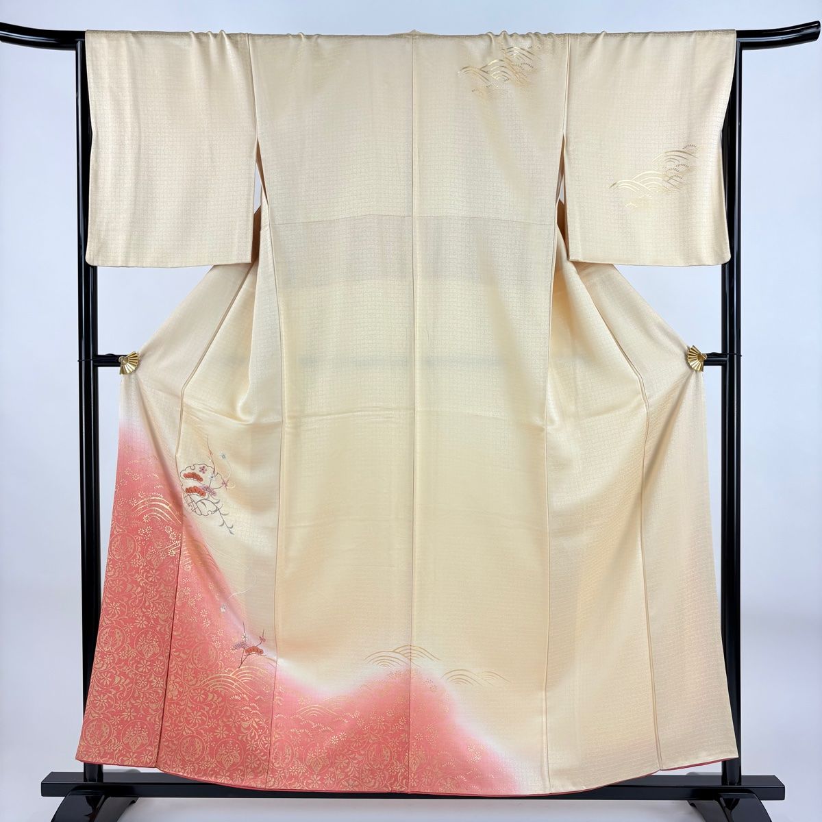 訪問着 身丈157.5cm 裄丈67.5cm L 袷 松梅 雪輪 金糸 刺繍 ベージュ 正絹 秀品