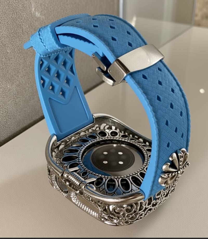 ターコイズブルー AppleWatch用フッ素ラバー バンド コンチョ アラベスクカバー ケース アップルウォッチ用 カスタムバンド 44 45 46 49 SE Ultra USTAUSTRALIA_COM_AU