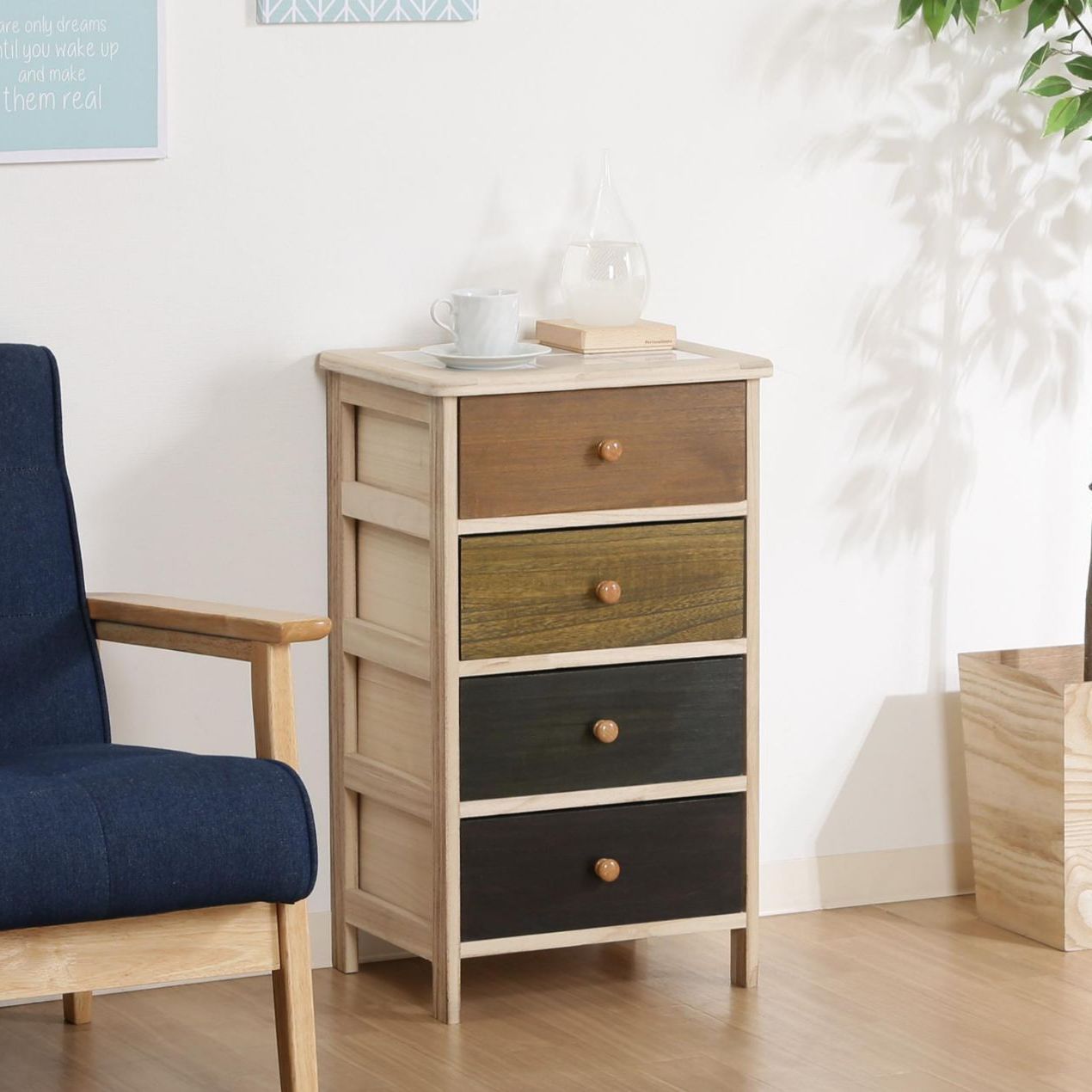 ♪桐製 カラフル ４段 ミニチェスト 幅40cm チェスト リビング収納 収納家具 1人暮らし 姫系