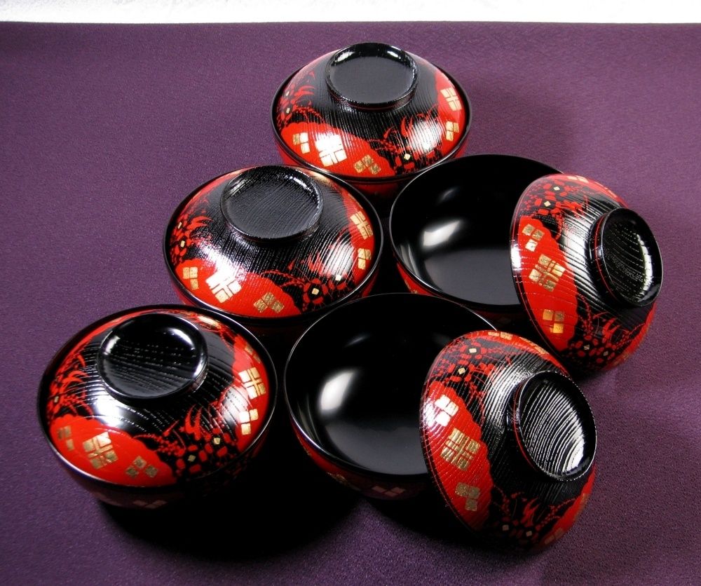 山中塗 多田桂寛作 正法寺蒔絵煮物椀5客 共箱 栞付 25i035