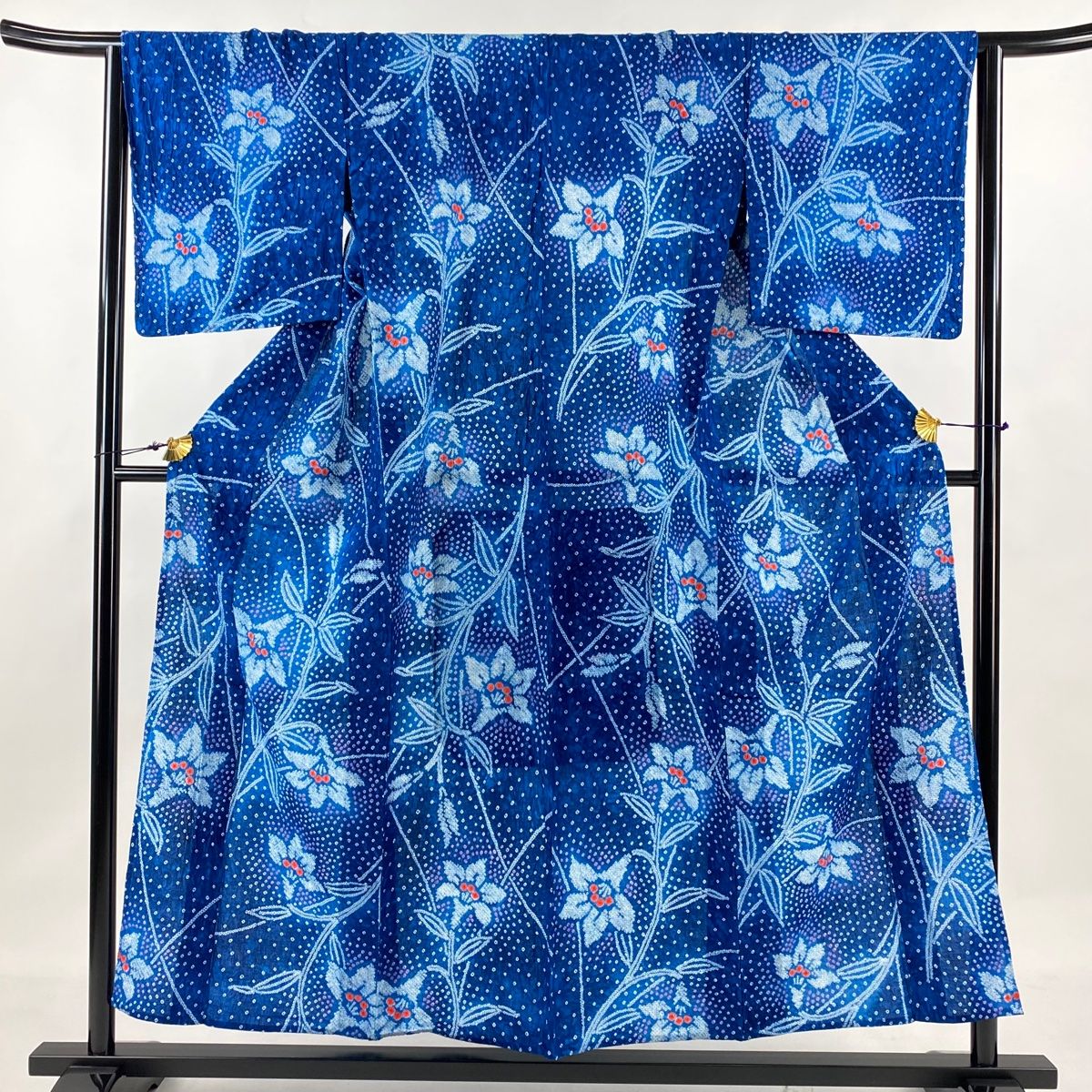 浴衣 身丈154cm 裄丈65cm M 絞り浴衣 草花 藍色 綿 名品