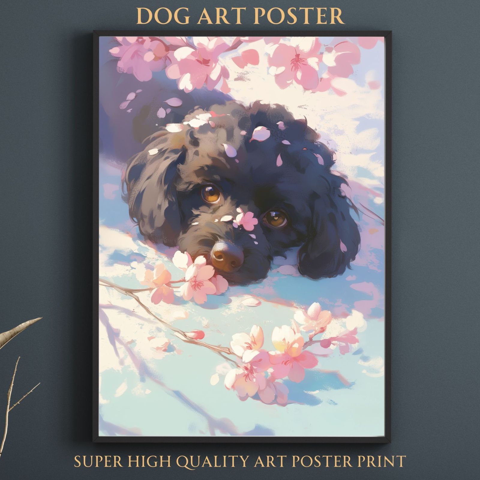 桜犬戯舞 - トイプードル犬 No.5 ブラック 黒 桜 花見 春 花びら 子犬 ペットロス うちの子 記念日 アートポスター 犬の絵 犬のイラスト ギフト プレゼント