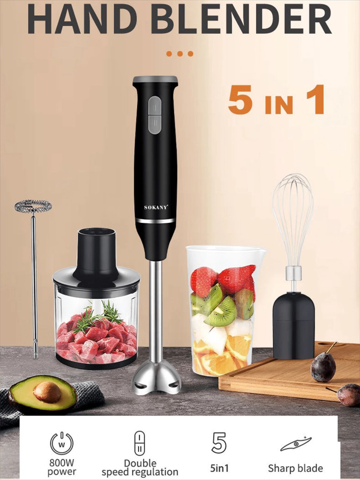 Sokany ハンドブレンダー・フードプロセッサーセット Sokany 4イン1多機能ハンドブレンダー食品chooperハンドヘルド