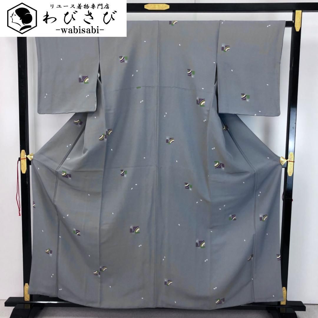 小紋 小花柄 桜の花弁 飛び柄 縮緬 薄鈍色 K-5389