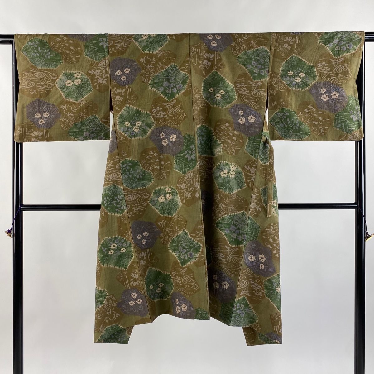 道中着 身丈111cm 裄丈66cm M 和装コート 着物衿 紬地 秋草 流水 絞り 金彩 茶緑色 正絹