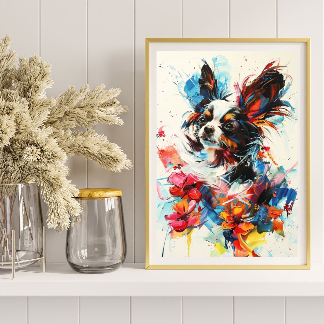 犬花爛漫 - パピヨン犬 No.2】モダンアートポスター 犬の絵 犬の絵画